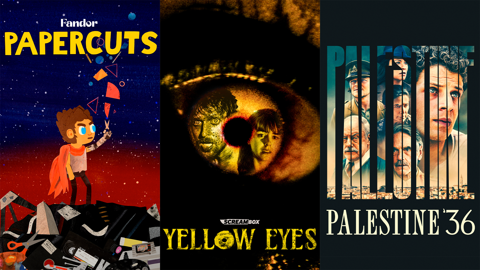 August NL Key art for Papercuts, Yellow Eyes, and Palestine '36